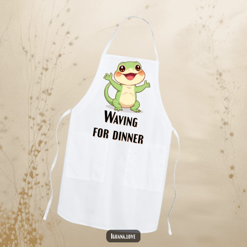 Funny apron featuring a happy iguana character enthusiastically waving its tail, adding cheerful fun to the kitchen.