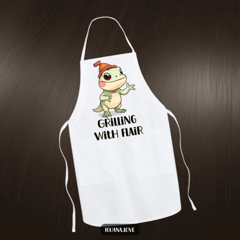 Funny iguana apron depicting a playful iguana wearing a tiny hat and doing a silly dance, perfect for a fun kitchen.