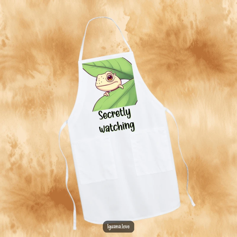 Funny Curious Iguana Apron, peeking over a leaf edge, showing a humorous and inquisitive look while protecting your clothes.