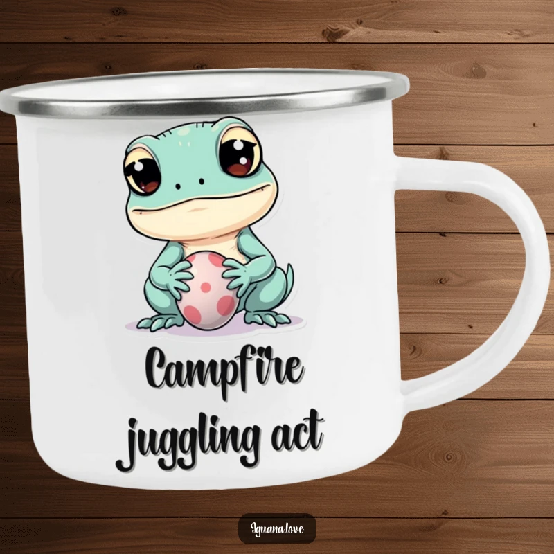 Funny camping mug with a kawaii iguana character playfully balancing a ball on its snout, perfect for outdoor charm.