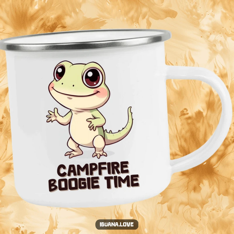 Funny enamel camping mug with a cheerful iguana character performing a silly dance, ideal for outdoor enthusiasts.