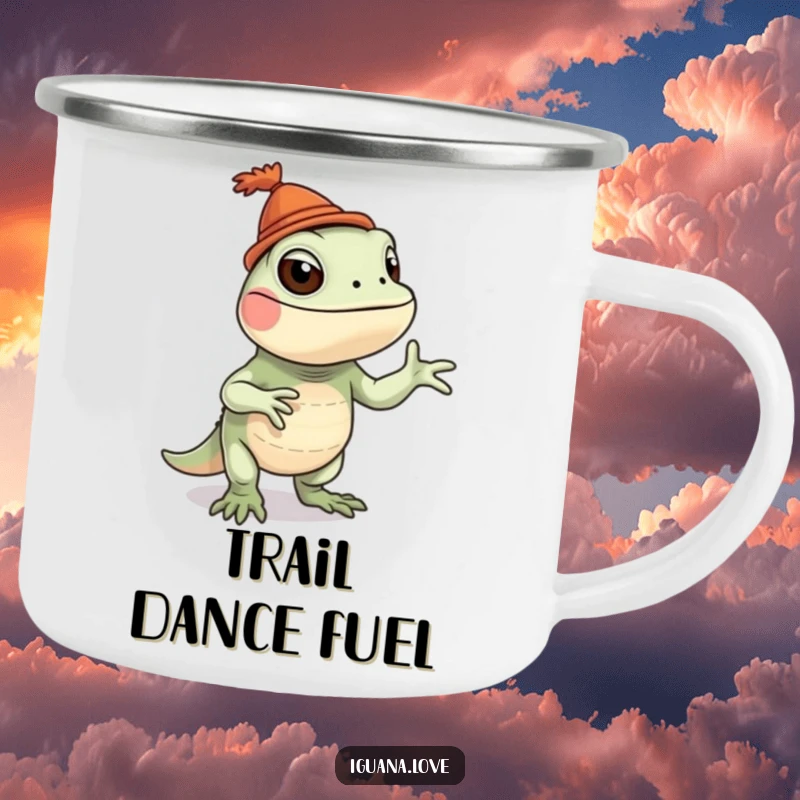 Funny iguana camping mug showing a silly dancing iguana with a tiny hat, designed for fun outdoor enjoyment.