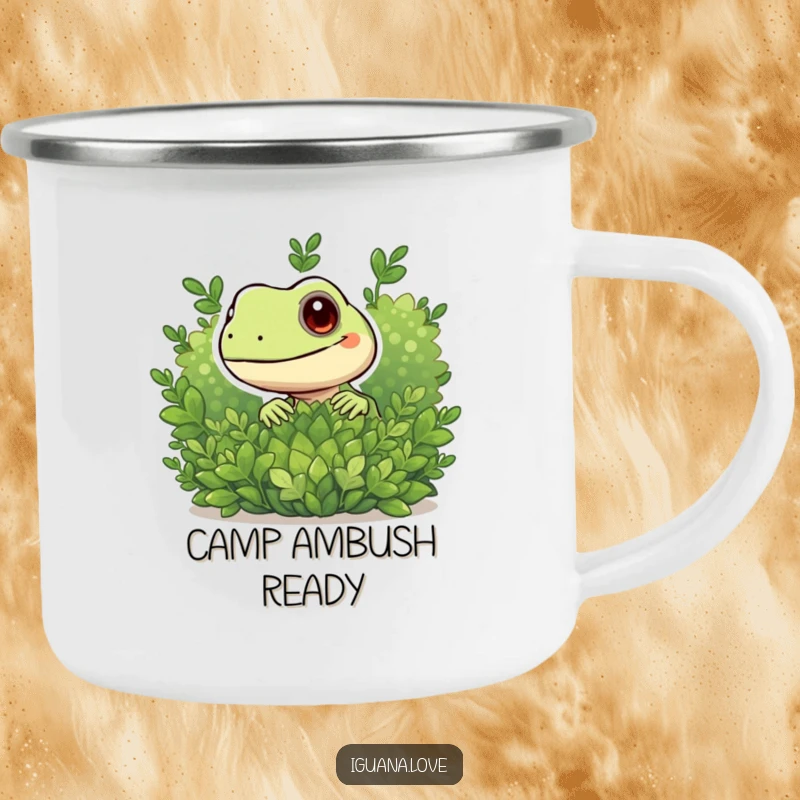 Funny enamel camping mug with a playful iguana character peeking from behind a bush, perfect for outdoor enthusiasts.