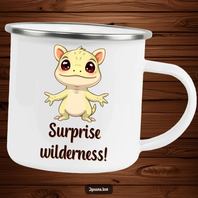 Funny Surprised Iguana Camping Mug, arms wide in comical surprise, perfect for outdoor enthusiasts who love humor.