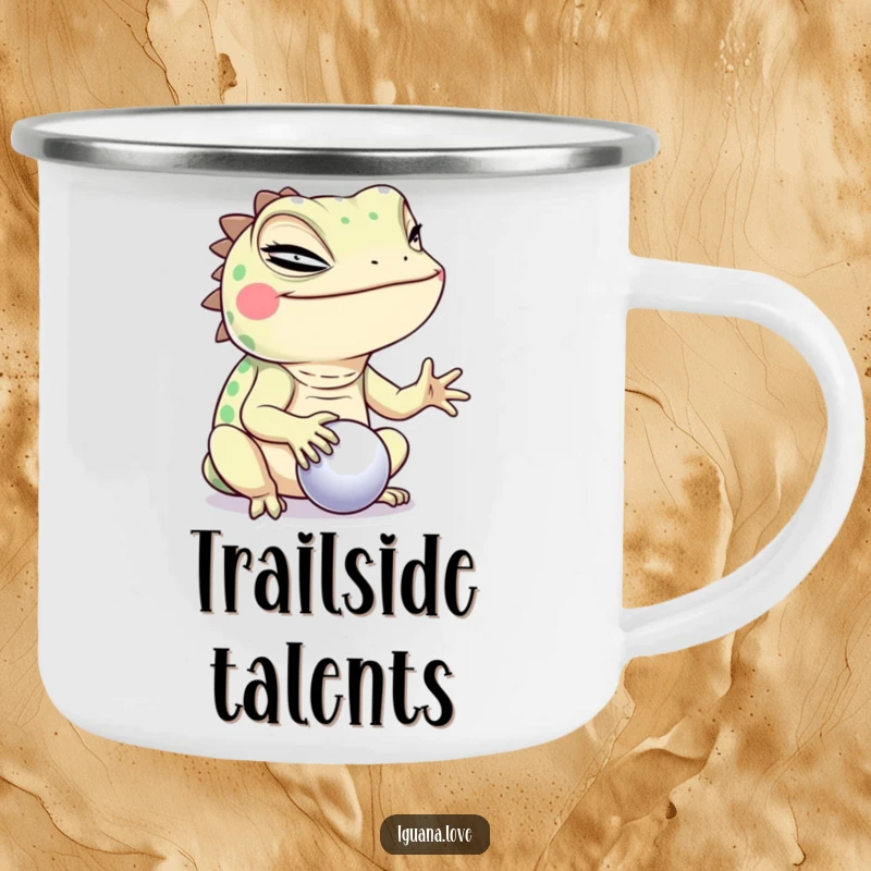 Funny Winking Iguana Camping Mug, balancing a ball with a wink, bringing humor to outdoor coffee breaks.