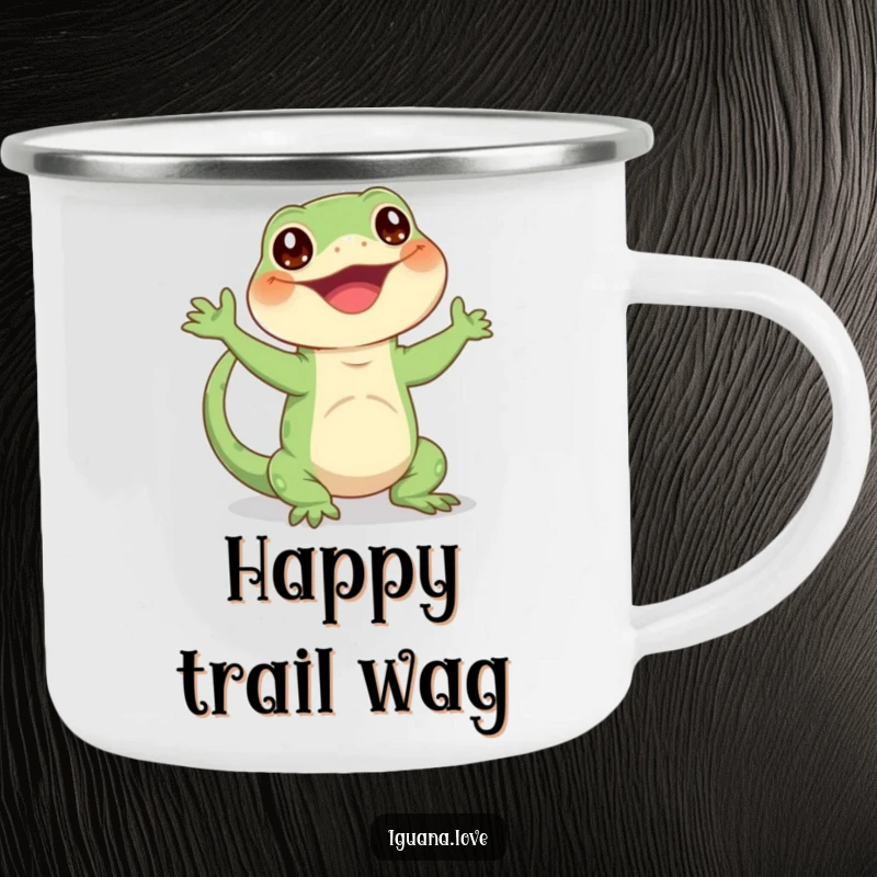 Funny enamel camping mug with a happy iguana character enthusiastically waving its tail, perfect for outdoor enthusiasts.
