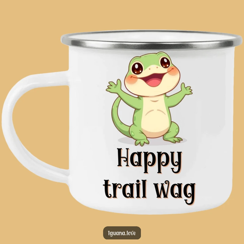 Funny Waving Iguana Enamel Camping Mug - Happy Enthusiastic Outdoor Gift