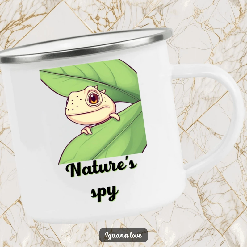 Funny Curious Iguana Camping Mug, peeking from a leaf, ideal for outdoor adventures, showcasing humor and reptile charm.