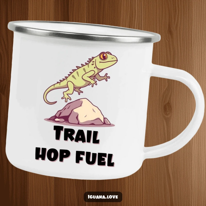 Funny Iguana Silhouette Camping Mug shows a happy iguana leaping over a rock, designed for outdoor adventures and adding humor to your travels.