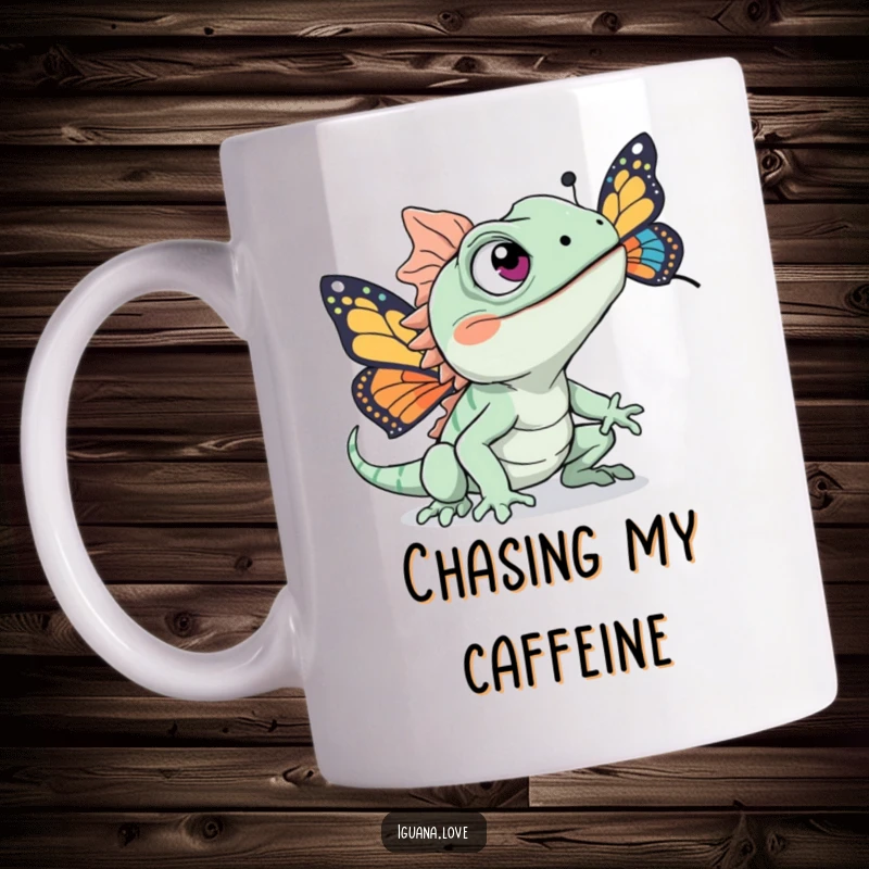 Funny mug depicting an excited iguana character with wide eyes energetically chasing a vibrant, colorful butterfly.