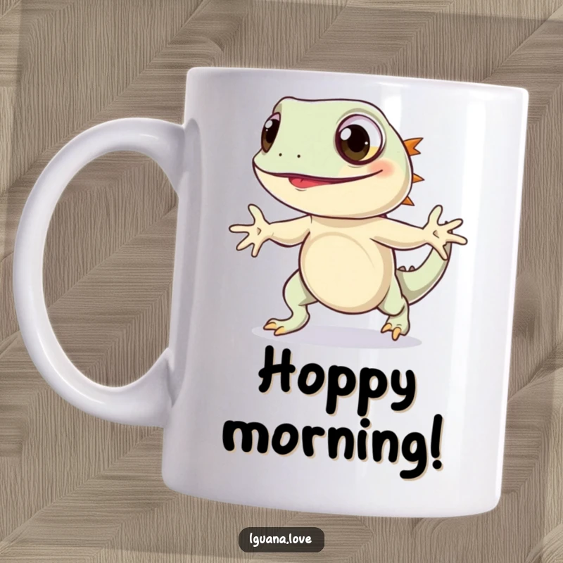 Funny Iguana Hop Mug features a charming iguana with wide eyes performing a joyful little hop, conveying pure happiness and excitement.