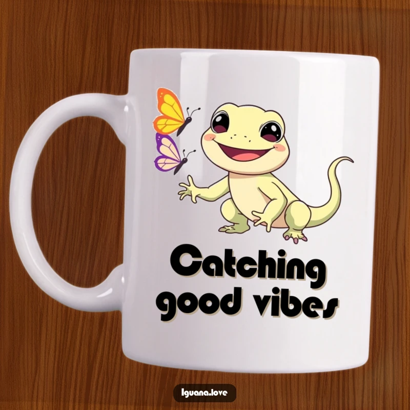Funny Kawaii Iguana Mug features a smiling iguana character joyfully chasing a colorful butterfly, radiating cuteness and happy vibes.