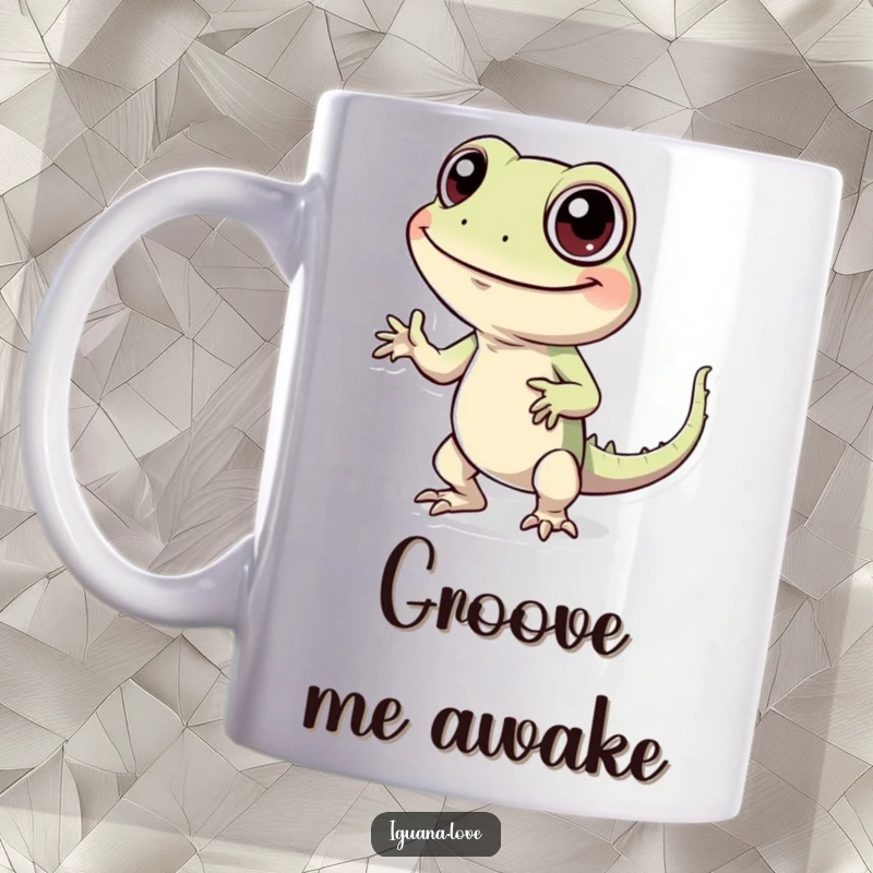 Funny mug illustrating a cheerful iguana with big, expressive eyes performing a comical, silly dance with enthusiasm.