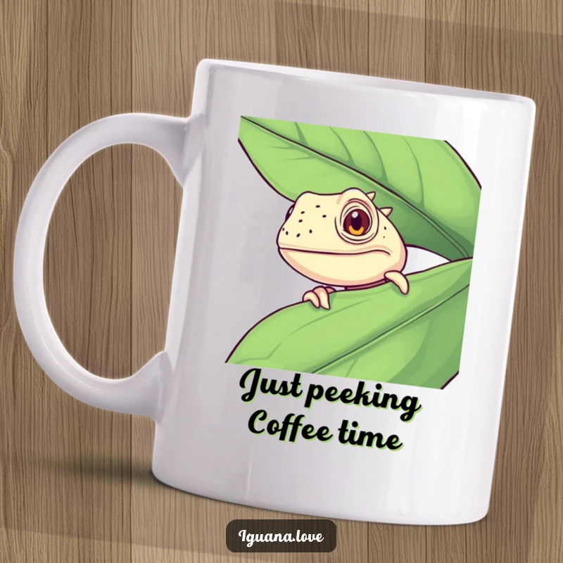 Funny Curious Iguana Mug, peeking from behind a lush green leaf, showcasing a humorous and inquisitive expression for reptile fans.