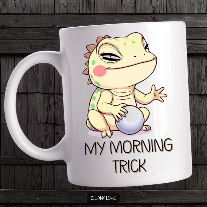 Funny Winking Iguana Mug, skillfully balancing a small ball, showcasing a playful wink and impressive reptilian talent.