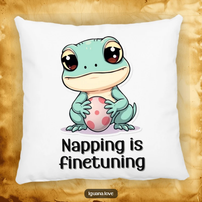 Funny pillow featuring a kawaii iguana character with wide eyes playfully balancing a small ball on its snout, offering cute comfort.