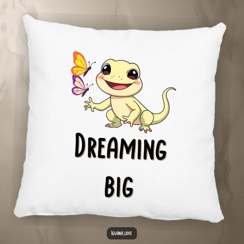 Funny Kawaii Iguana Pillow features a smiling iguana character chasing a butterfly, offering plush comfort and undeniable cuteness.
