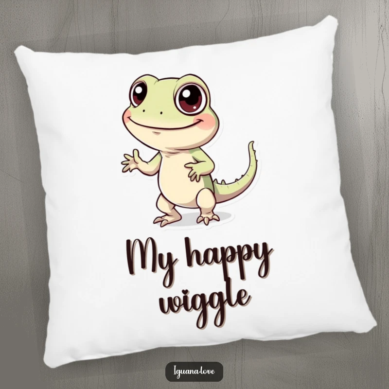 Funny throw pillow showcasing a cheerful iguana with wide eyes, hilariously caught in the middle of a silly dance.