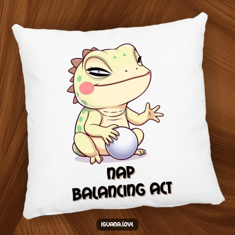 Funny Winking Iguana Pillow, balancing a small sphere with a knowing wink, offering humorous comfort and style.
