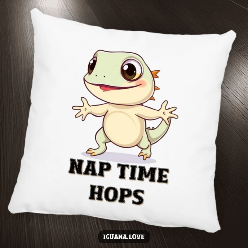 Funny Iguana Hop Pillow showcases a wide-eyed iguana doing a joyful hop, providing plush comfort and undeniable charm.