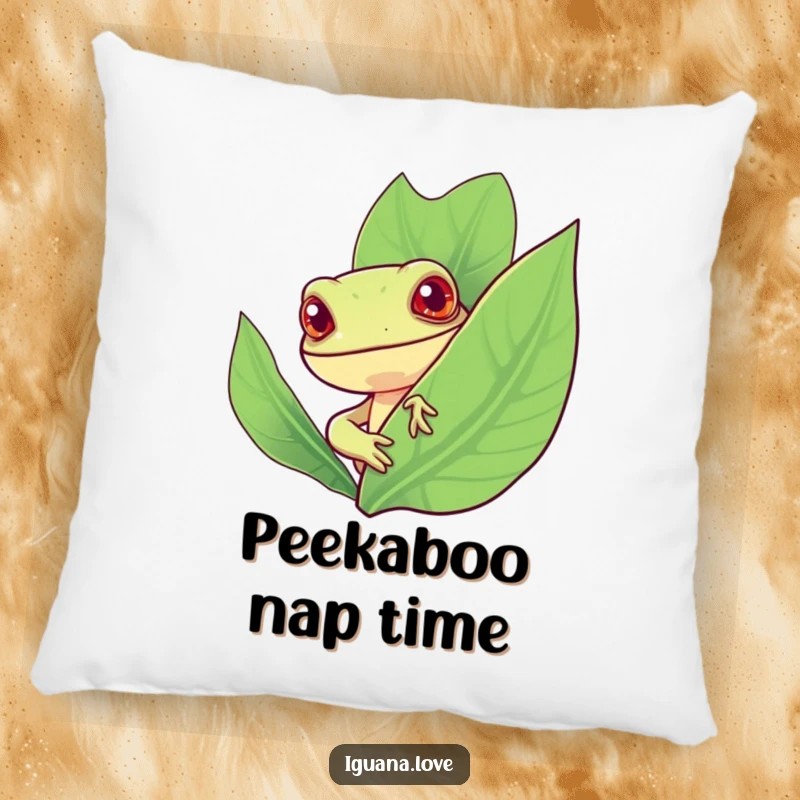 Funny pillow featuring a cheerful, stylized iguana character peeking curiously from behind a large, vibrant leaf, offering cozy fun.