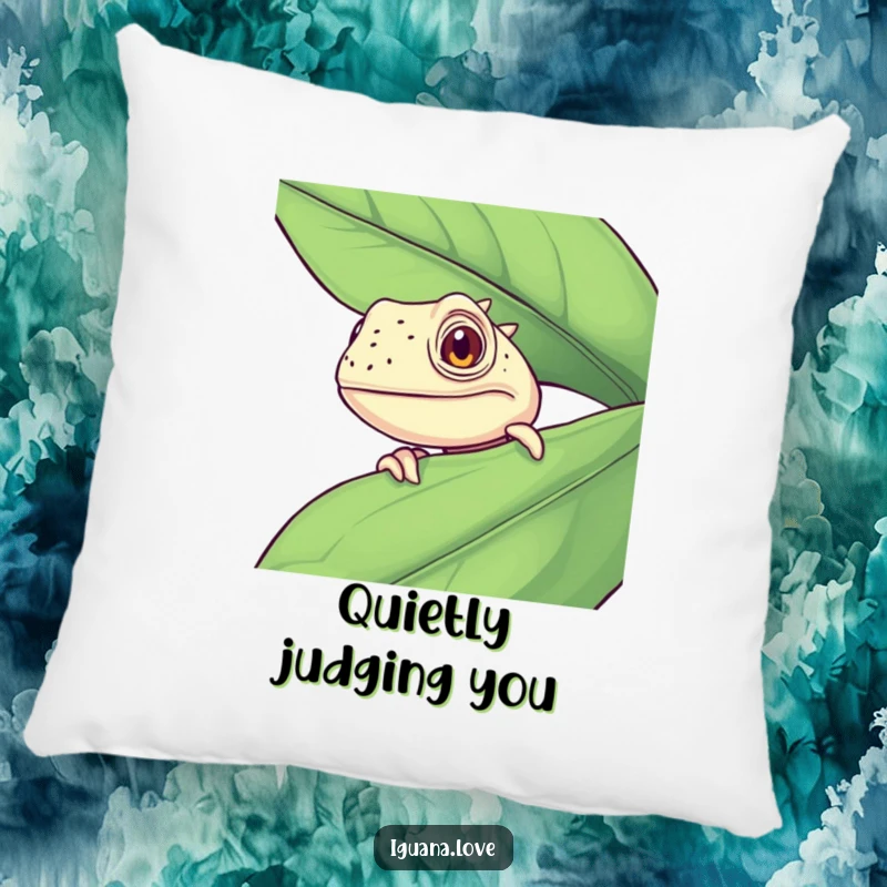 Funny Curious Iguana Pillow, peeking comically from a large leaf, offering a soft, humorous touch to any seating area.