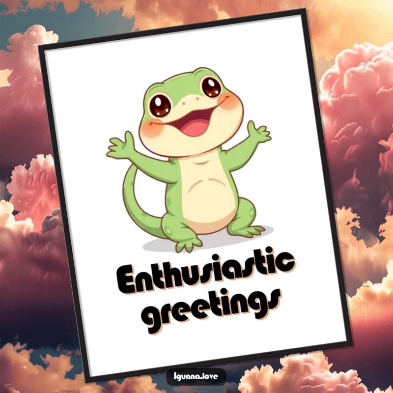 Funny digital art print of a happy iguana character enthusiastically waving its tail, ready to frame.