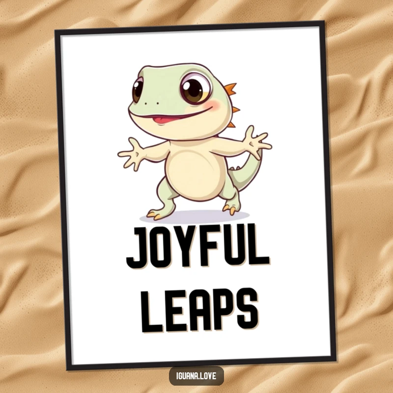 Funny Iguana Hop Digital Art Print shows a wide-eyed iguana performing a joyful hop, offering an instant, cheerful, and whimsical decorative piece.