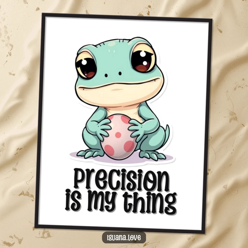 Funny digital art print of a kawaii iguana with wide eyes playfully balancing a tiny ball on its snout, radiating cuteness.