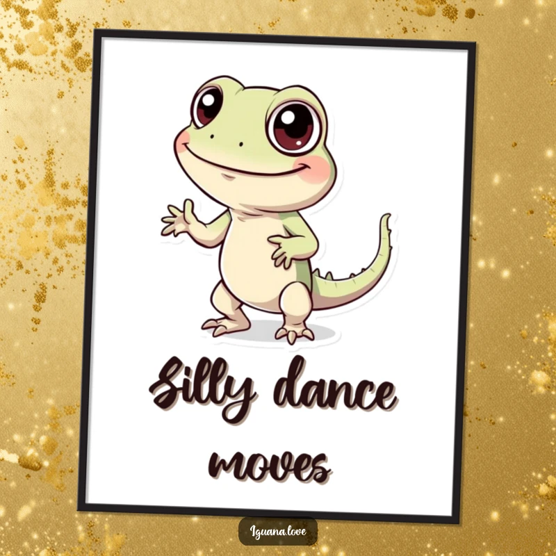 Funny digital art print of a cheerful iguana with big eyes performing a silly, energetic dance, ready to frame.