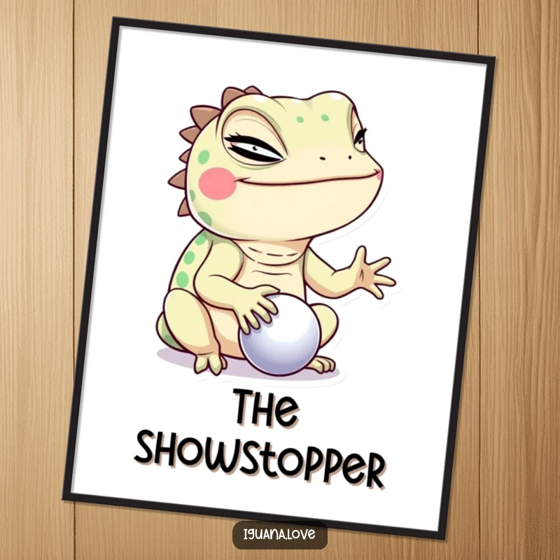 Funny Winking Iguana Digital Art Print, balancing a ball with a wink, a humorous and eye-catching piece for any room.