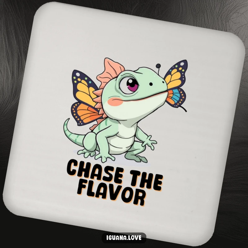 Funny drink coaster featuring an excited iguana chasing a colorful butterfly, protecting surfaces with humor.