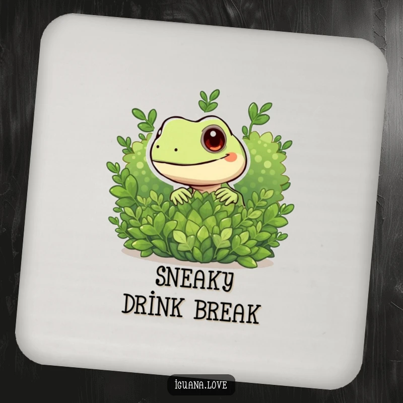 Funny drink coaster featuring a playful iguana peeking from behind a bush, adding humor to table protection.