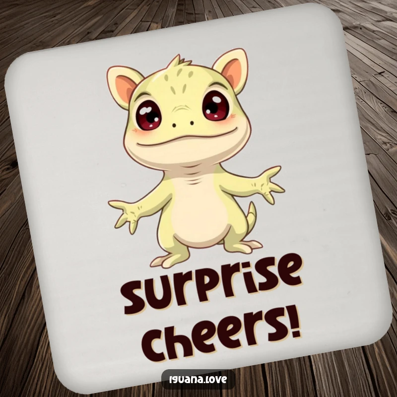 Funny Surprised Iguana Coaster, arms spread wide in comical amazement, a humorous and practical table protector.
