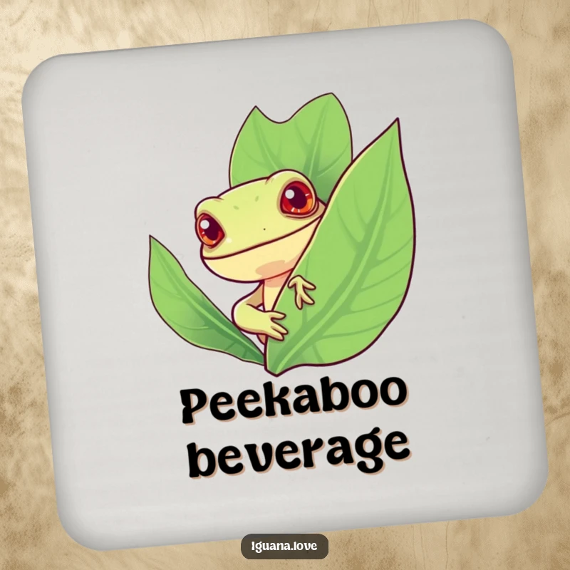 Funny drink coaster featuring a stylized iguana character peeking curiously from behind a vibrant leaf, adding whimsical flair.