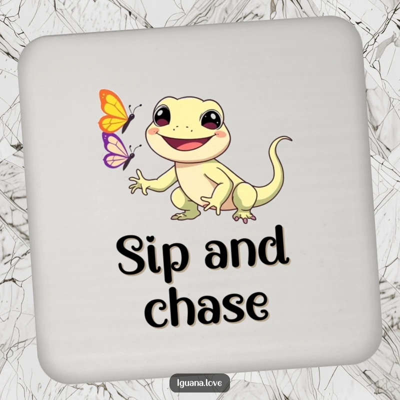 Funny Kawaii Iguana Coasters display a smiling iguana character chasing a butterfly, adding a cute and humorous touch to coffee tables and bars.