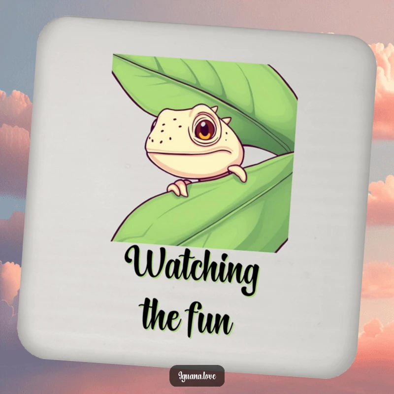 Funny Curious Iguana Coaster, peeking out humorously from behind a leaf, protecting surfaces with reptilian charm.