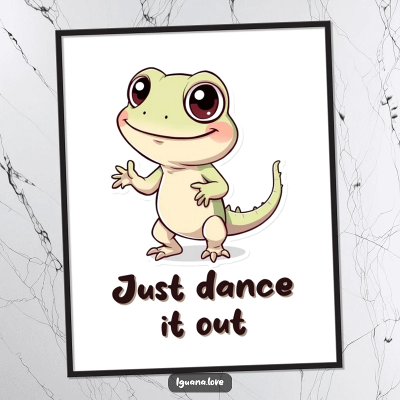 Funny poster art of a cheerful iguana with large eyes performing a ridiculous silly dance, full of life and humor.