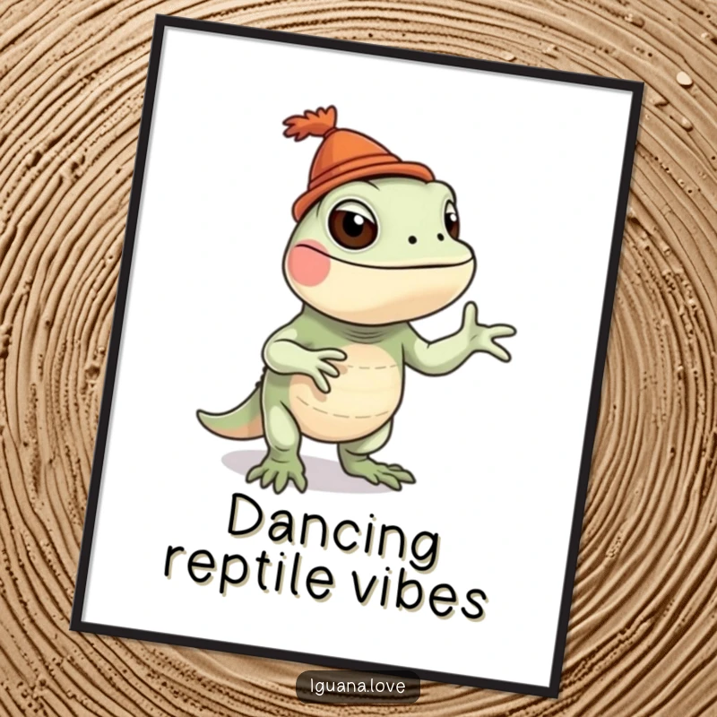 Funny iguana poster featuring a playful iguana in a tiny hat performing a silly dance, radiating fun.