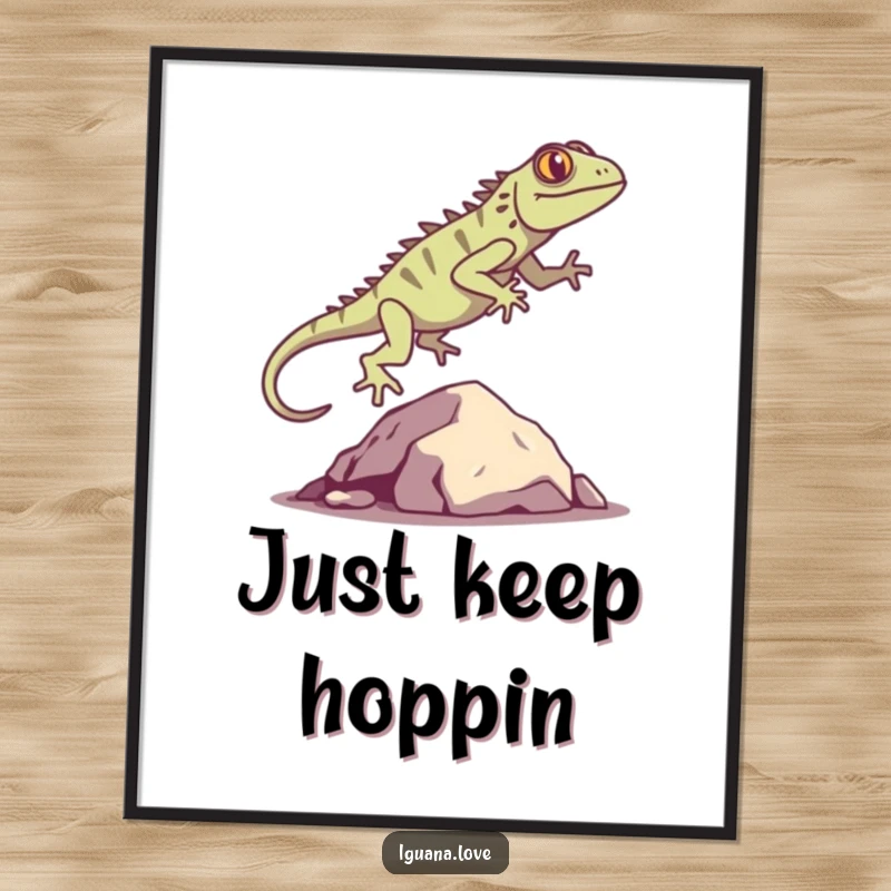 Funny Iguana Silhouette Poster captures a playful iguana leaping over a rock, adding a dynamic and humorous touch to wall decor.
