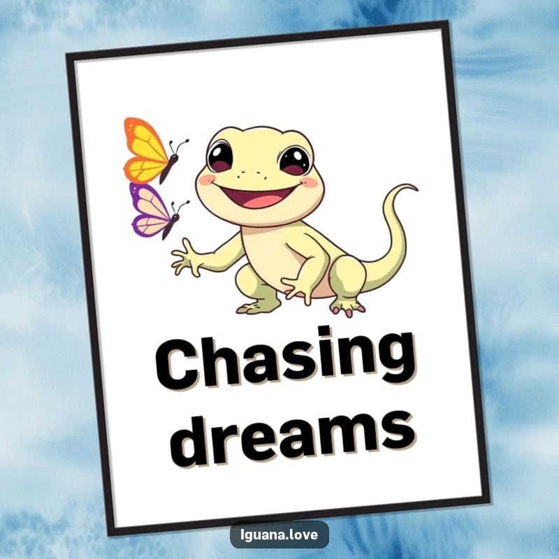 Funny Kawaii Iguana Poster shows a smiling iguana character happily chasing a butterfly, perfect for adding whimsical and cheerful wall art.