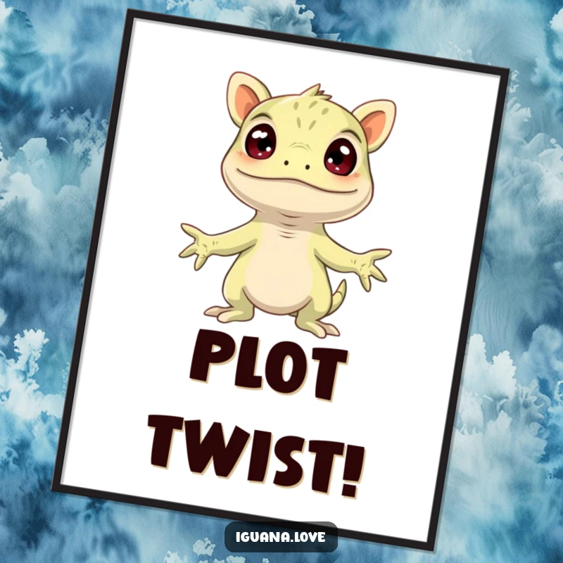 Funny Surprised Iguana Poster, arms spread wide in hilarious astonishment, a comical artwork for any room.