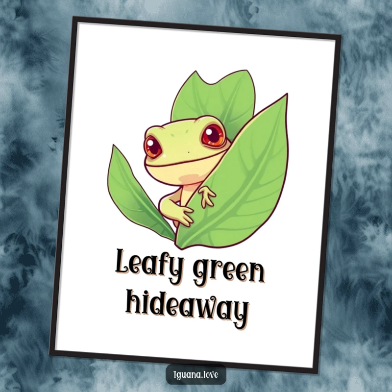 Funny poster art of a stylized iguana with a cheerful expression peeking curiously from behind a large, vibrant leaf, adding decor.