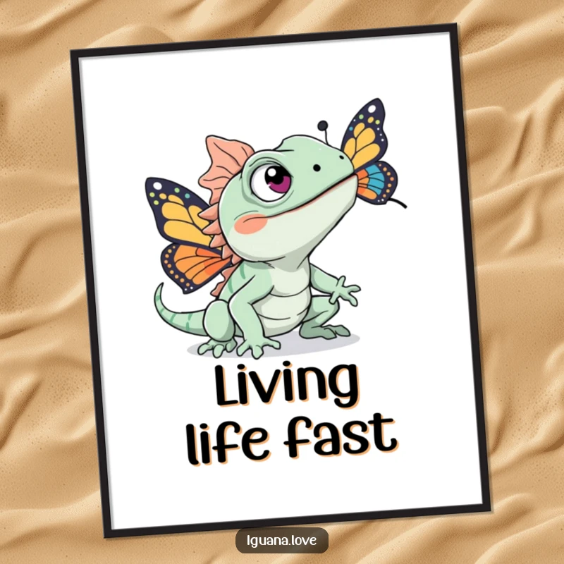 Funny poster art of an iguana with excited eyes actively chasing a beautiful, colorful butterfly through the air.