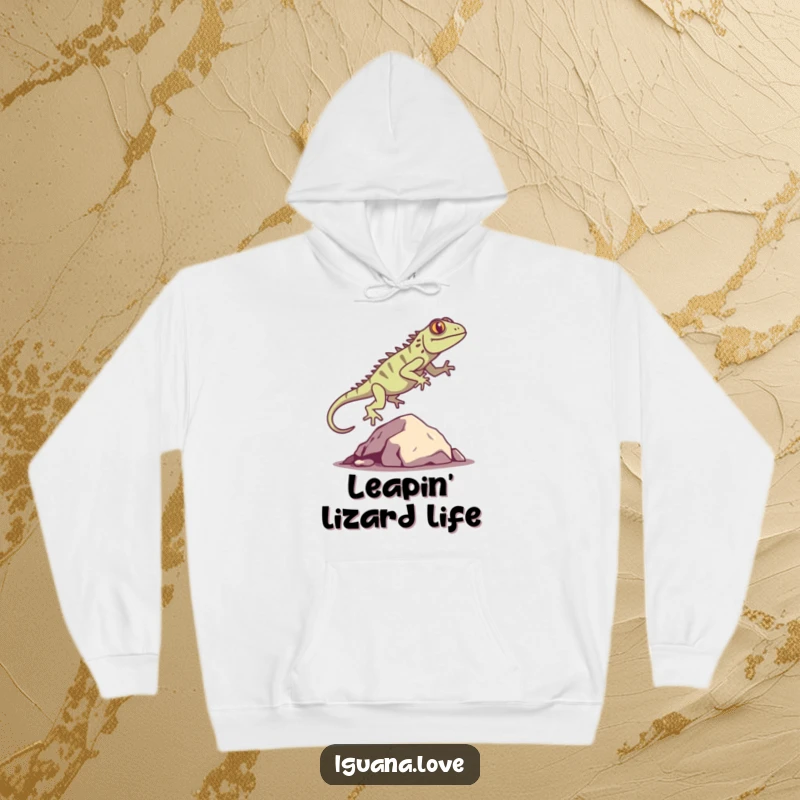 Funny Iguana Silhouette Hoodie showcases a happy iguana mid-leap over a rock, offering warmth and a touch of playful outdoor spirit.