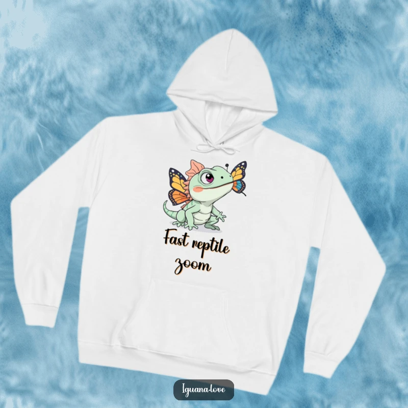 Funny hoodie featuring an iguana character with excited eyes in pursuit of a fluttering butterfly, combining warmth and fun.