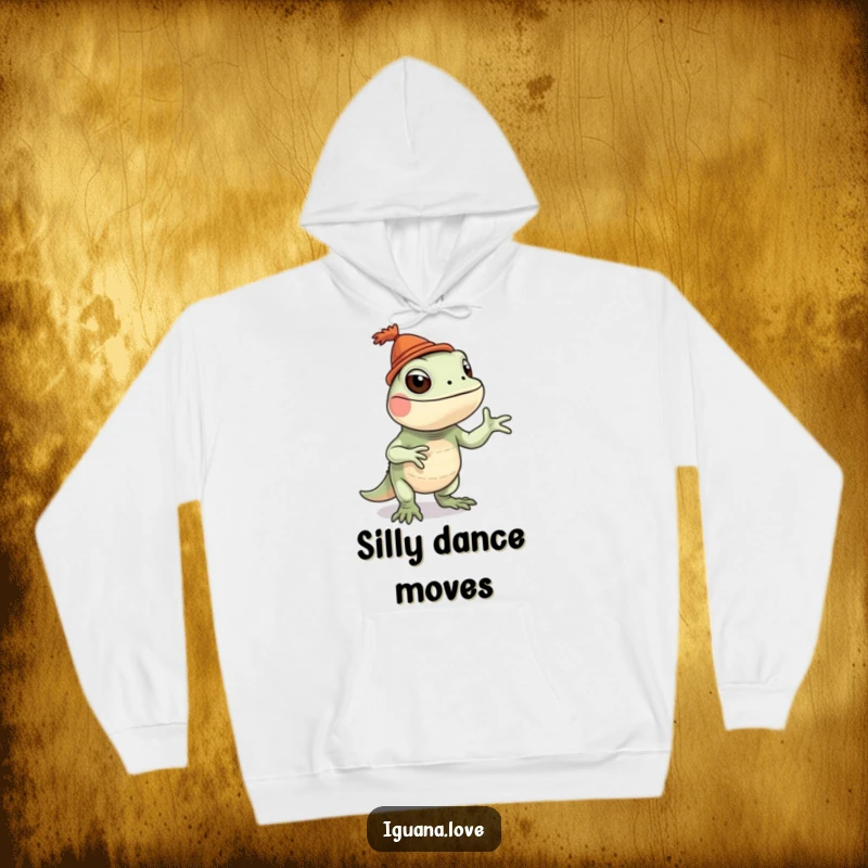 Funny iguana hoodie featuring a silly dancing iguana wearing a tiny hat, perfect for cozy, fun wear.