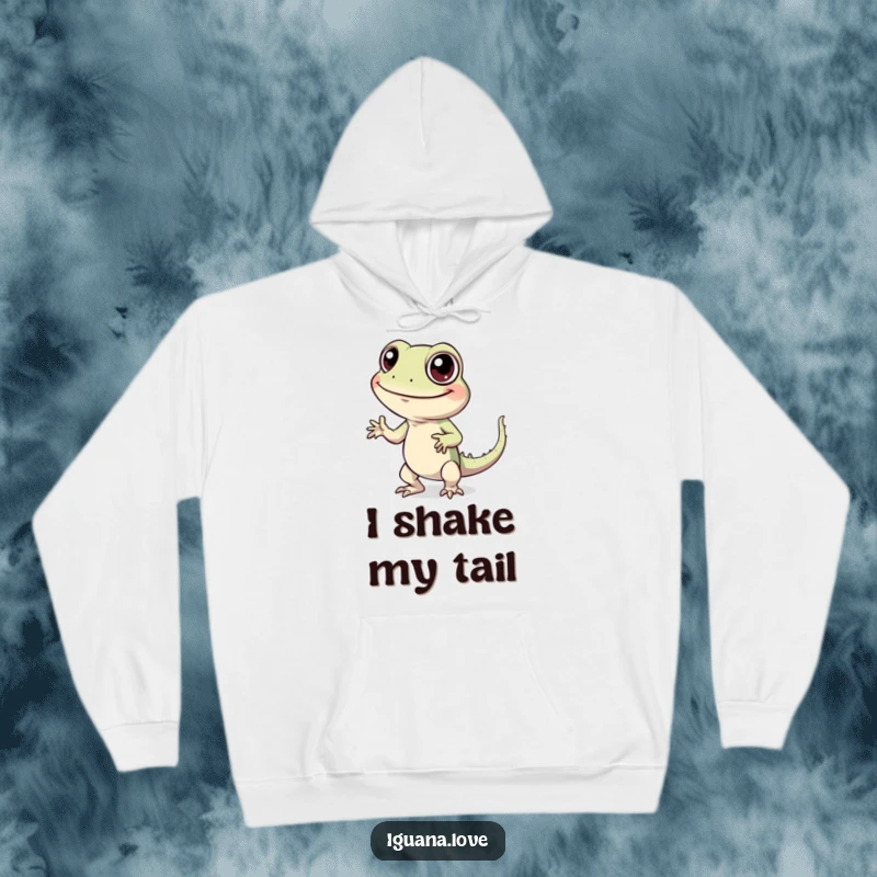 Funny hoodie with a cheerful iguana character with wide eyes caught mid-silly dance, bringing joy and comfort.