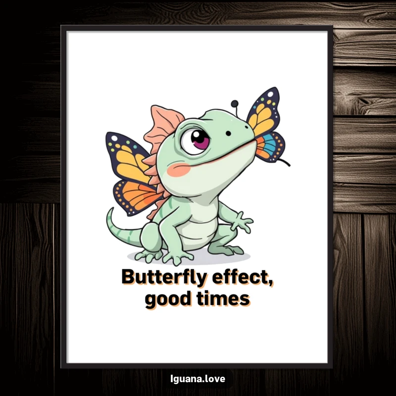 Funny Free Printable Wall Art: An iguana with wide, excited eyes dashing after a vibrant, colorful butterfly.
