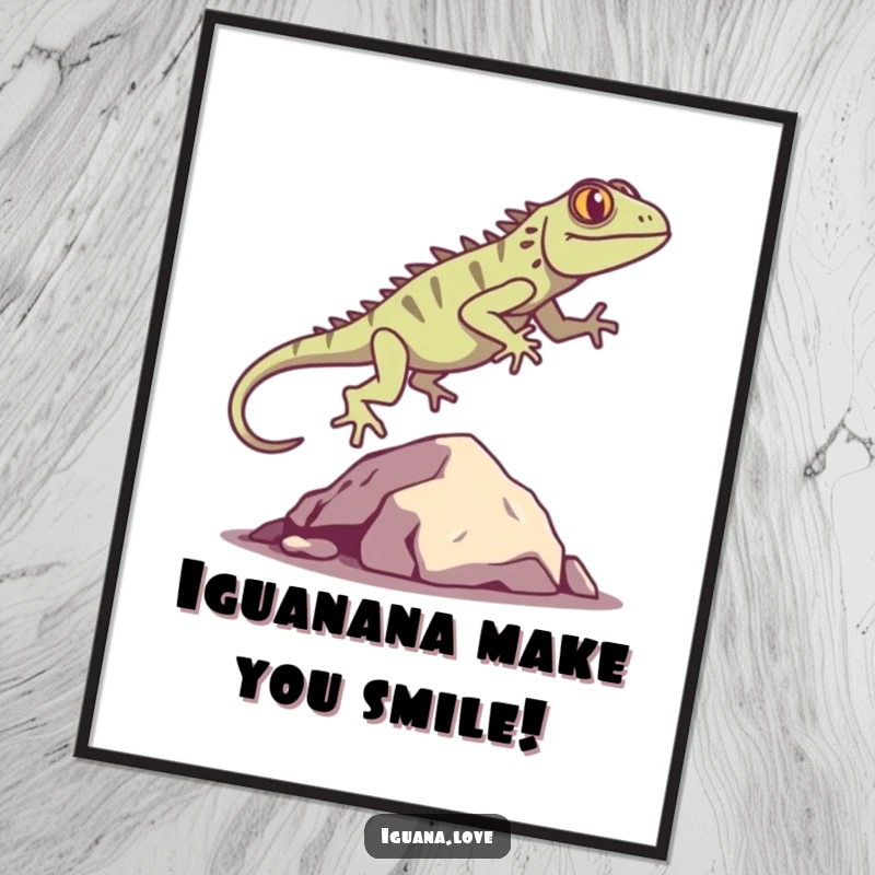 Funny Free Printable Iguana Wall Art: Silly iguana silhouette joyfully leaping over a stylized rock.